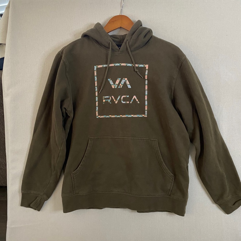 RVCA Womens Floral Logo Graphic Hoodie Olive Green Pullover Sweatshirt Medium